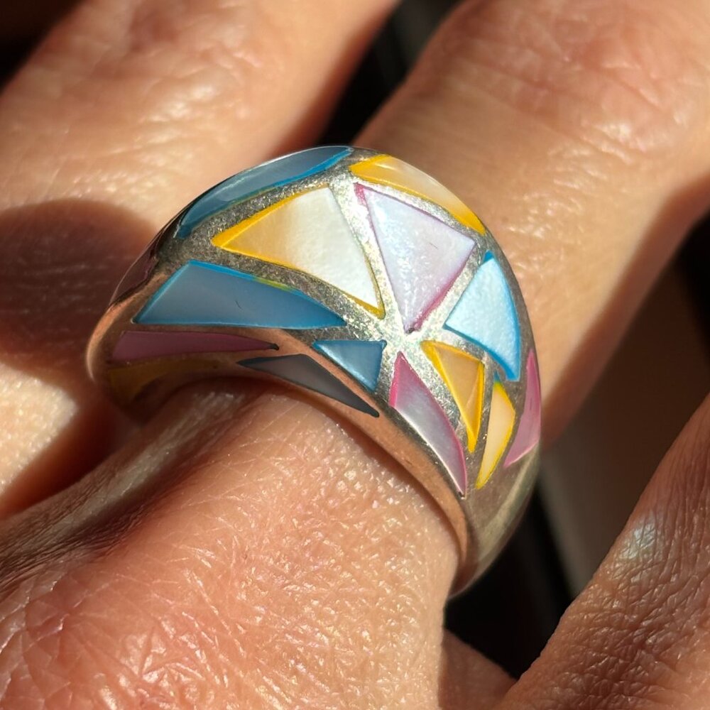 Mother of pearl mosaic sterling silver ring Size 7